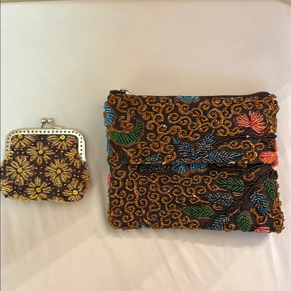 Embroidered Floral Coin Purse and Mini Clutch Set Black Gold Yellow Blue